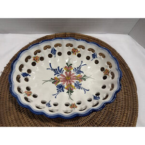 Ceramic Oval Lattice Large Bowl Made in Portugal Hand Painted Floral